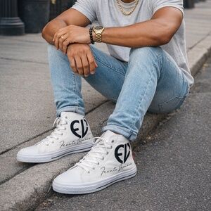 Frantz Lamour Signature White High-Top Canvas Sneakers – Size 10 | Classic, NEW